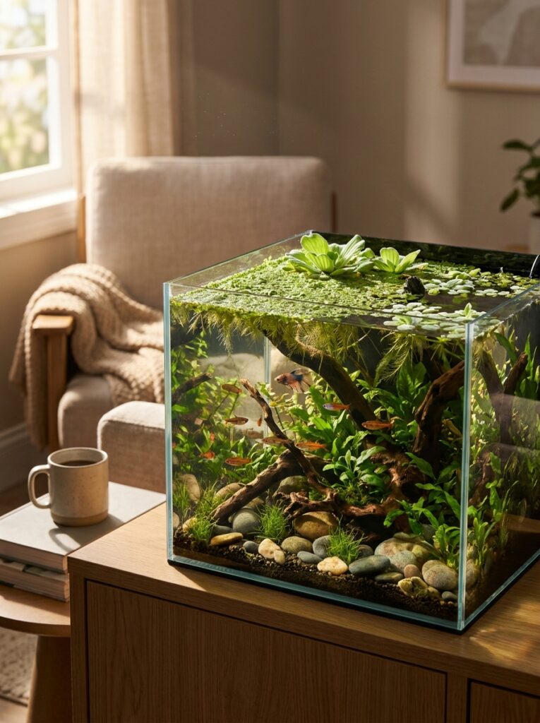 Small planted aquarium with lush floating plants and peaceful fish
