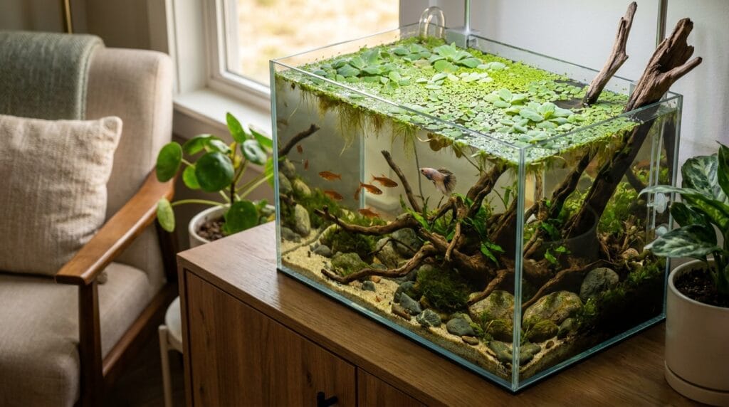 Small planted aquarium with lush floating plants and peaceful fish