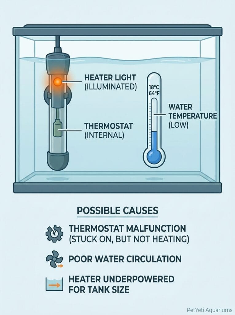 Aquarium heater light on but water temperature remains low