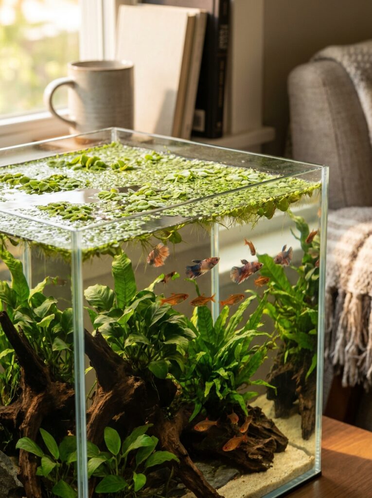 Healthy floating plants creating shade in a small aquarium