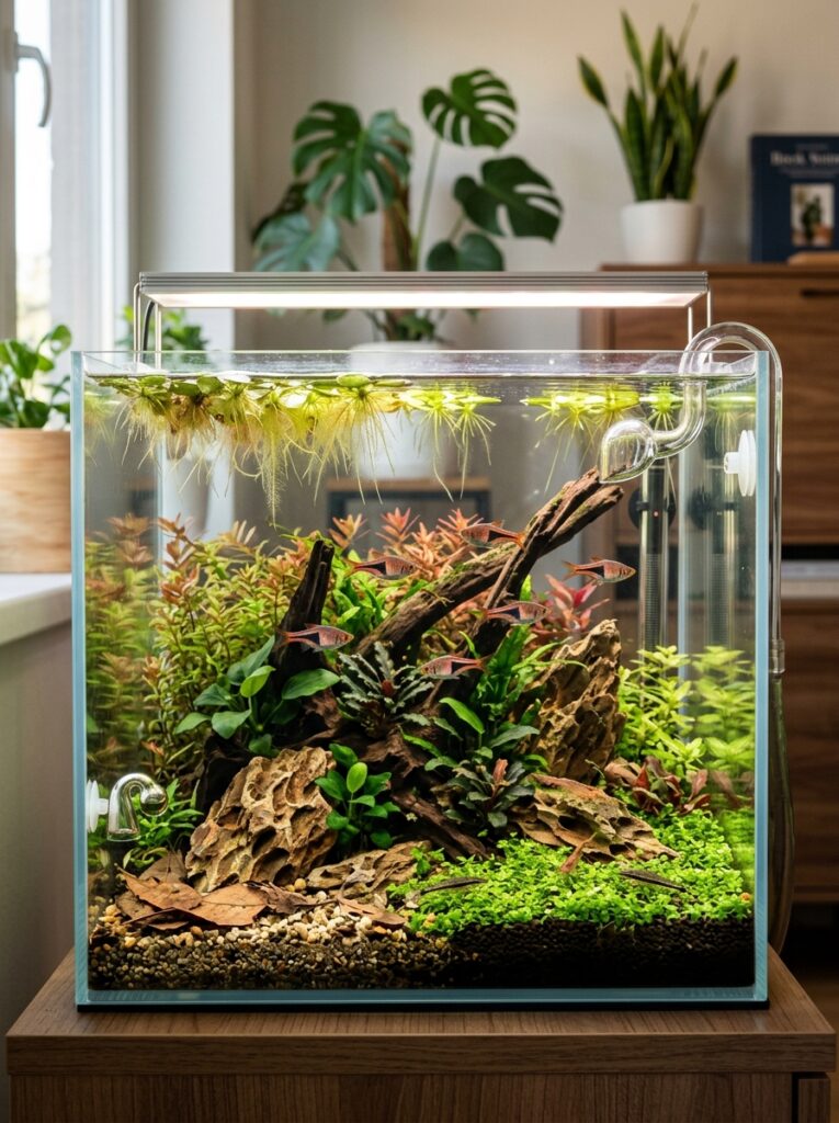 Balanced floating plant coverage in a planted aquarium