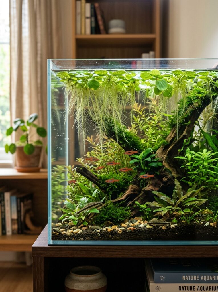 Amazon frogbit floating on the surface of a planted aquarium