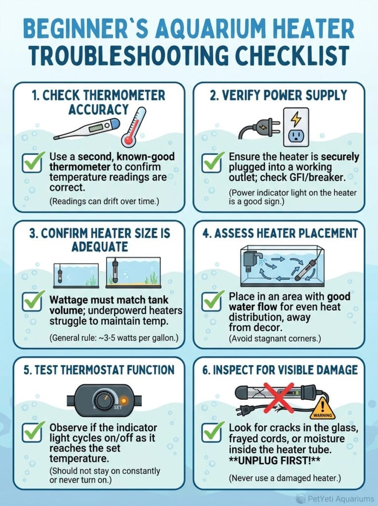 Checklist for diagnosing aquarium heater problems