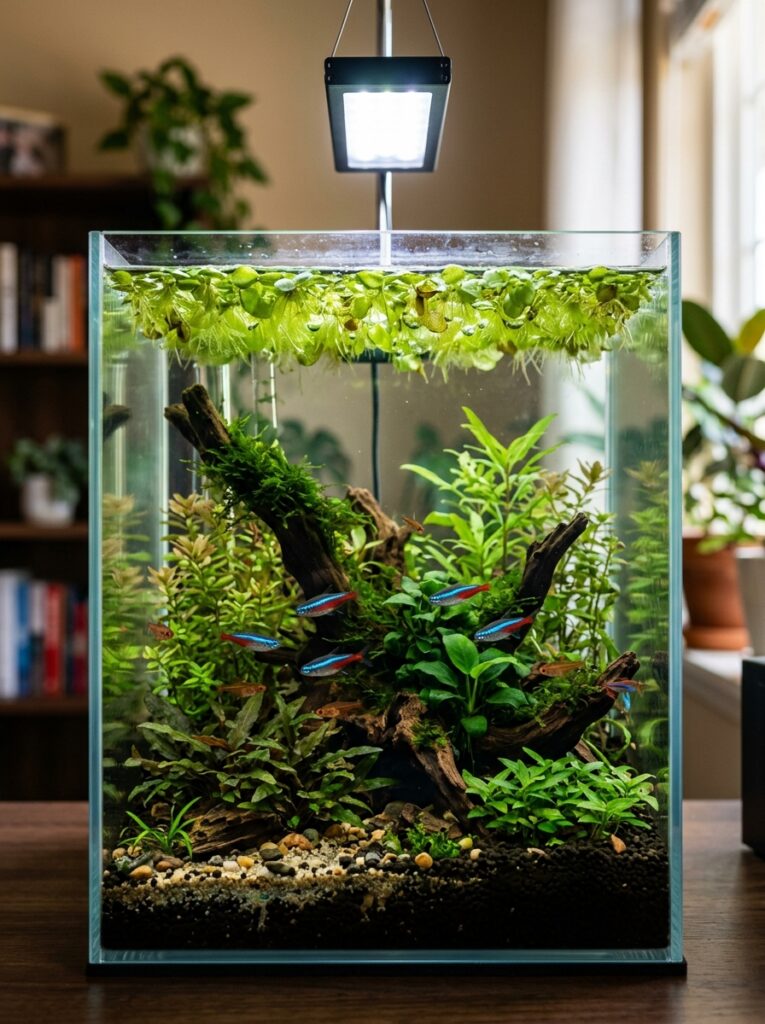 Salvinia floating plants growing in a beginner-friendly aquarium