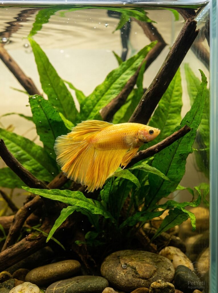 Healthy Betta fish resting among Java Fern leaves in a planted aquarium.