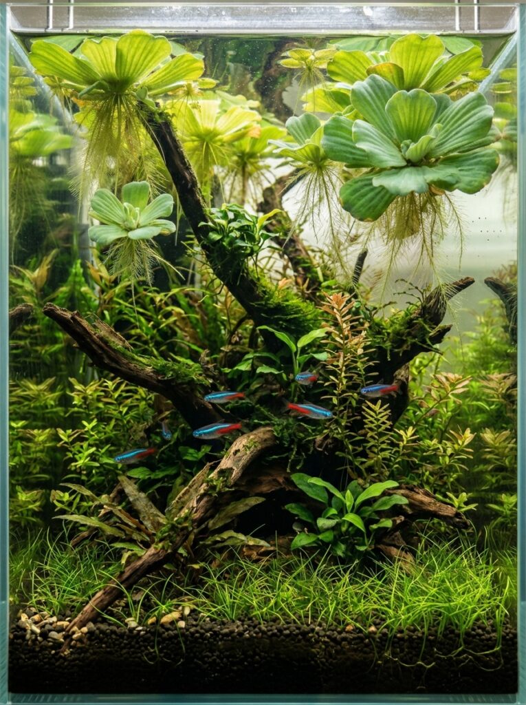 Water lettuce floating above healthy fish in a planted aquarium