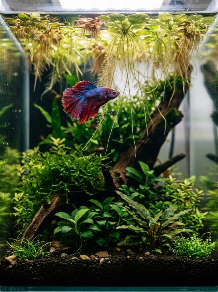 Betta fish swimming beneath floating plant roots