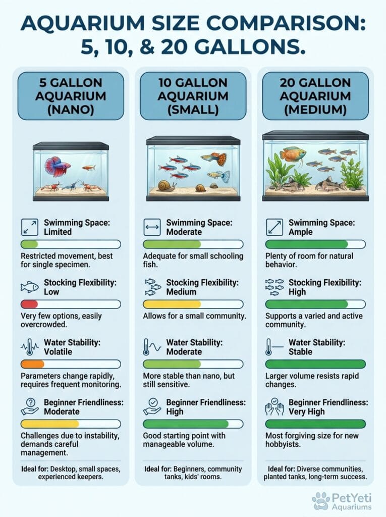 Comparison of aquarium sizes showing benefits of a 20 gallon tank