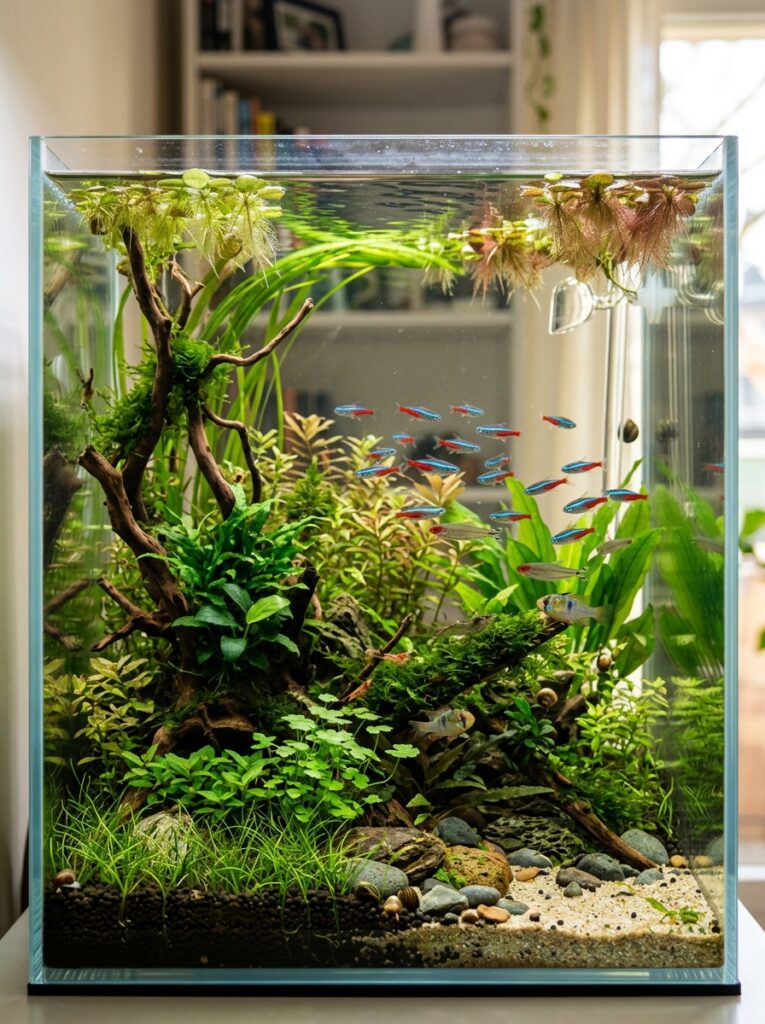 Well-maintained aquarium with controlled floating plant growth
