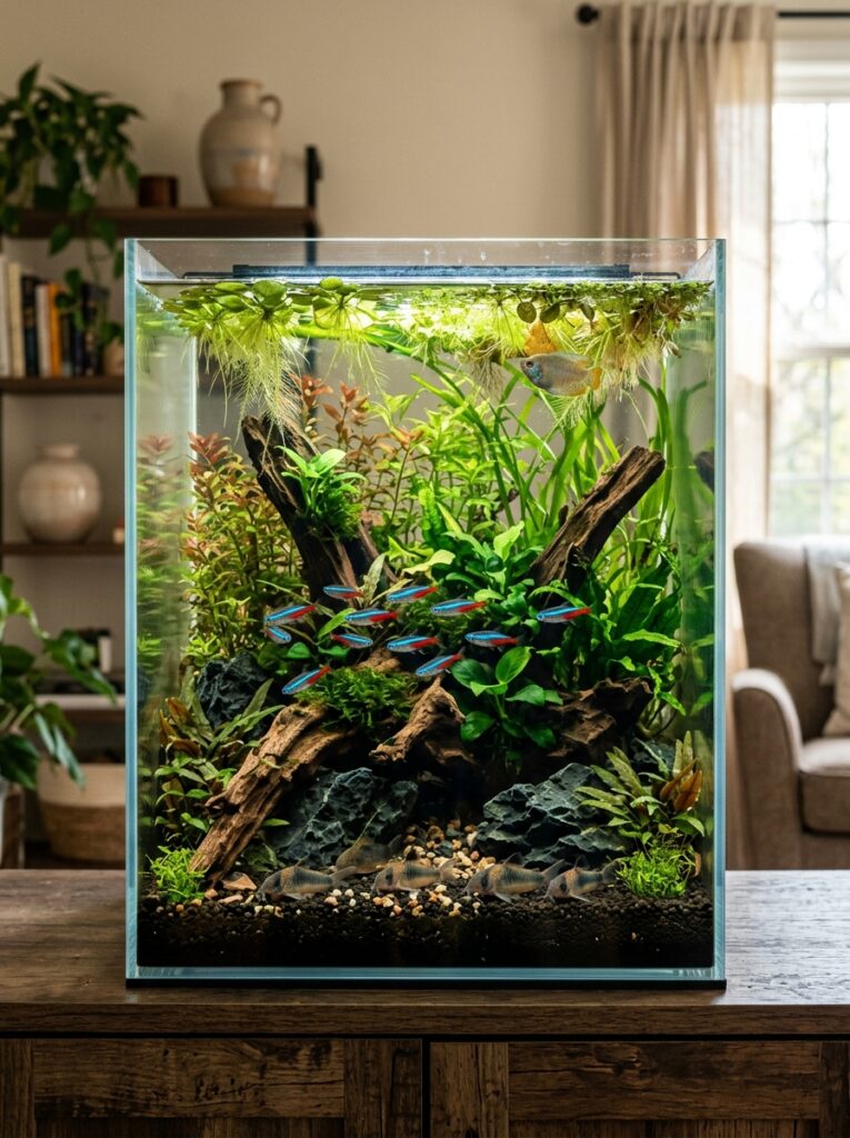Balanced aquarium featuring floating plants and open swimming space