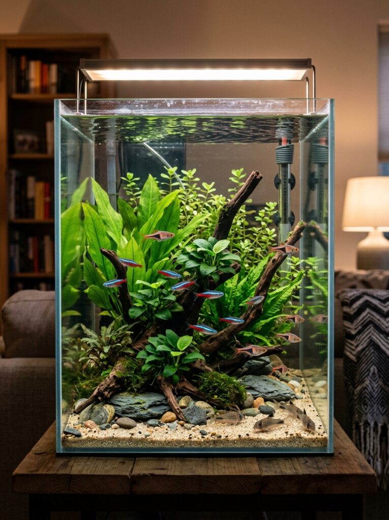 Beautiful low-light planted aquarium with beginner-friendly live plants