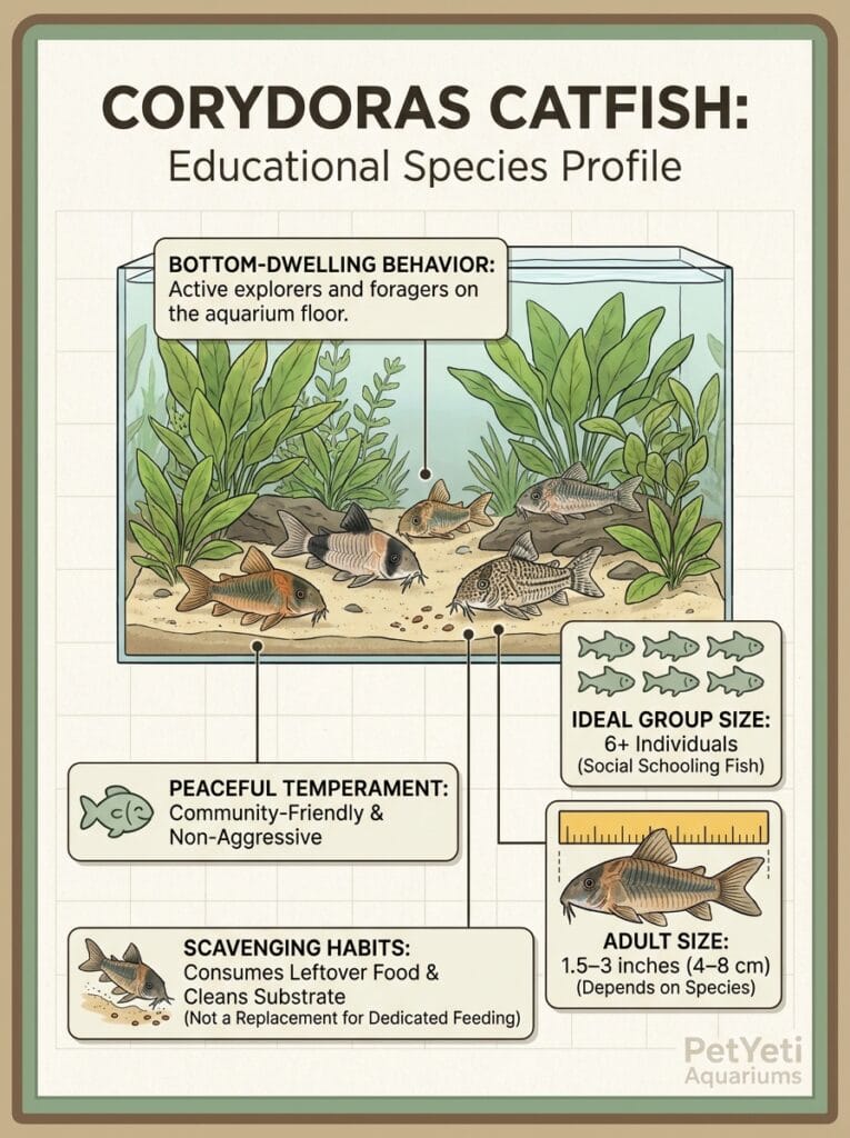 Group of Corydoras Catfish searching for food along the aquarium substrate
