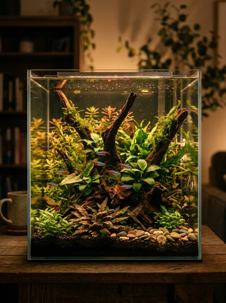 Healthy low-light aquarium plants growing in a peaceful aquarium