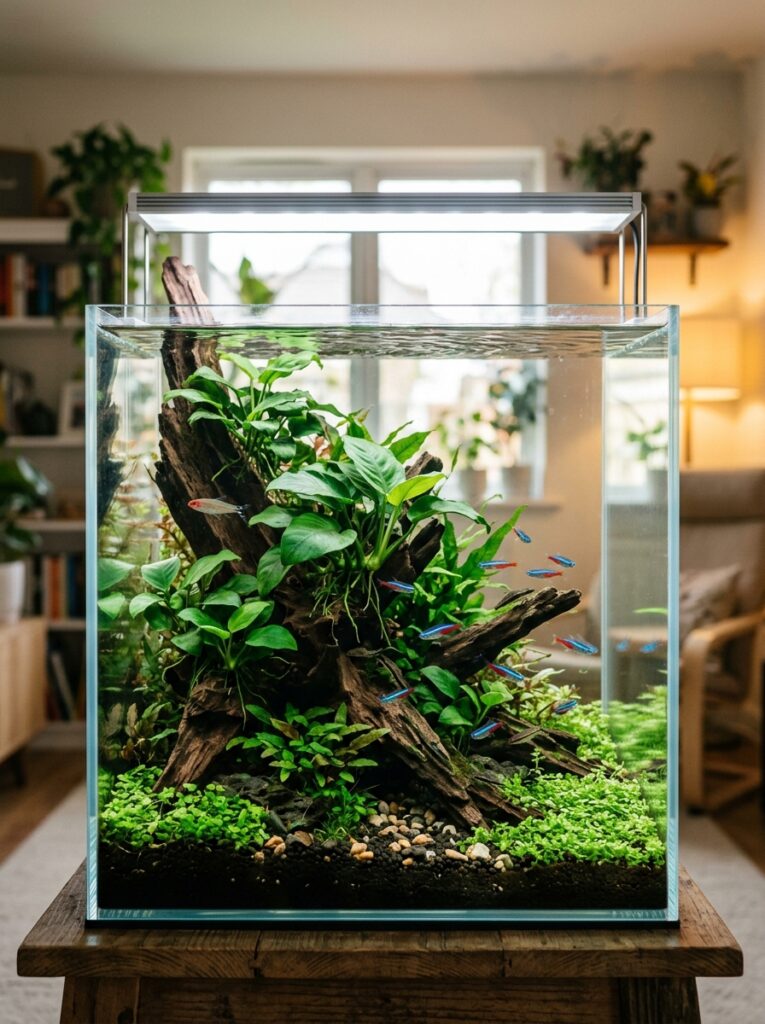 Anubias attached to driftwood in a planted aquarium