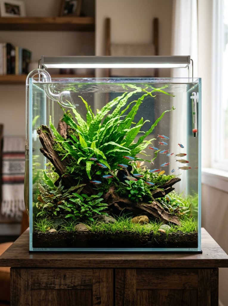 Lush Java fern growing naturally in a freshwater aquarium