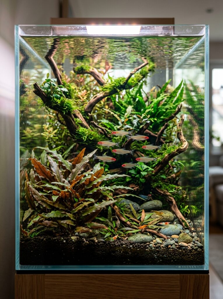 Cryptocoryne plants creating a natural aquarium landscape