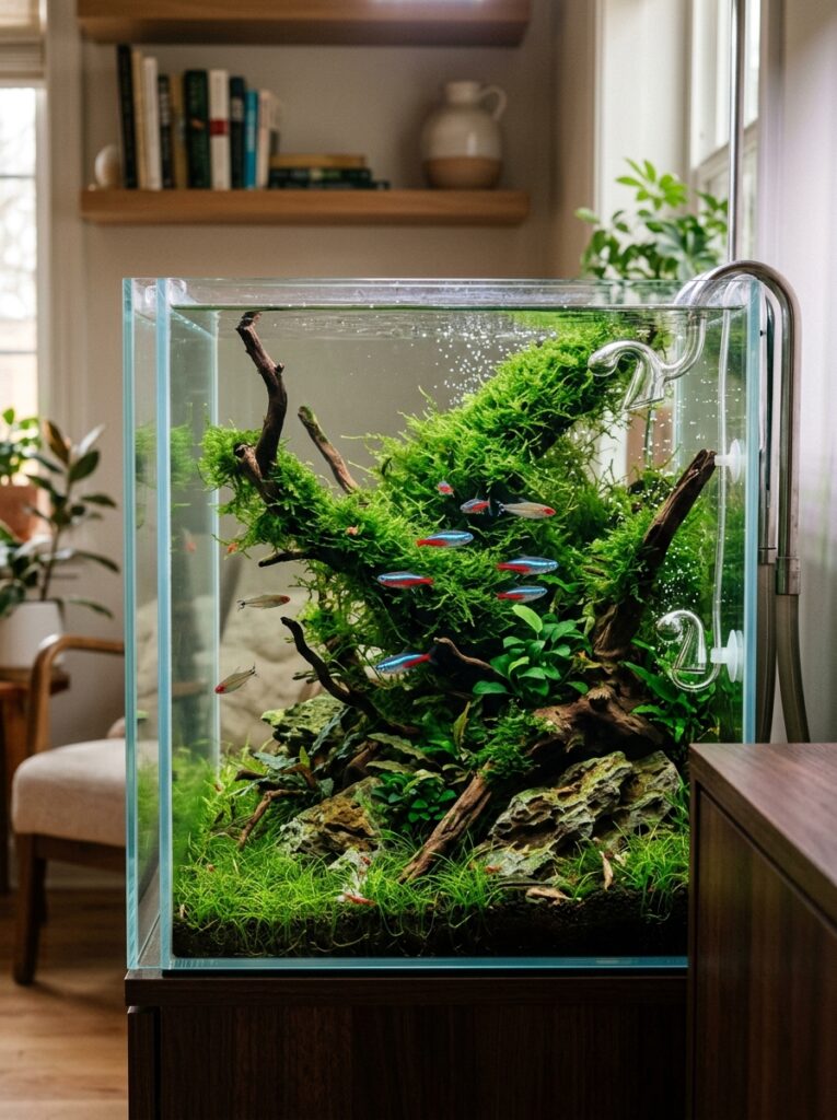 Java moss growing on driftwood in a planted aquarium