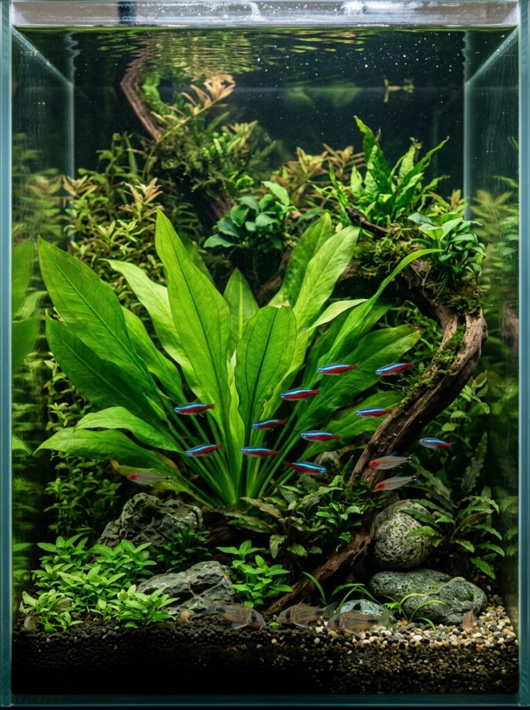 Large Amazon sword plant serving as an aquarium centerpiece
