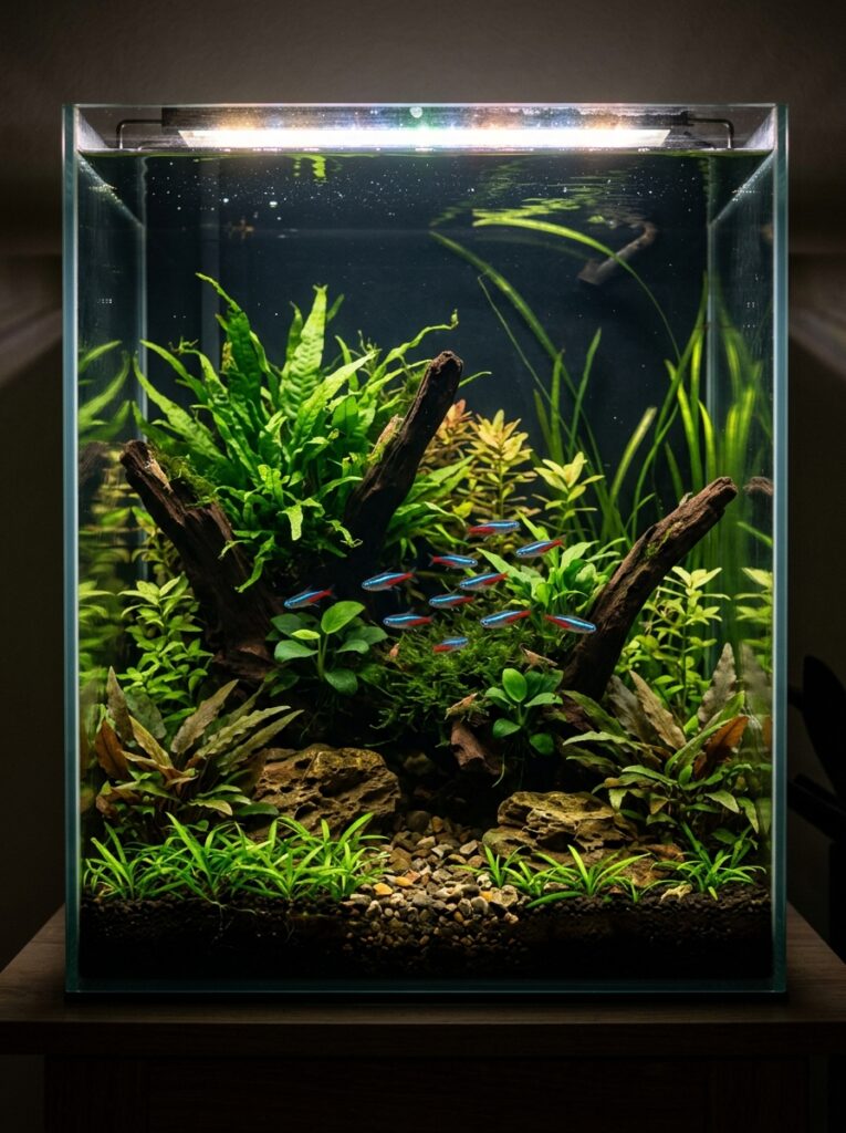 Healthy low-light planted aquarium with thriving aquatic plants