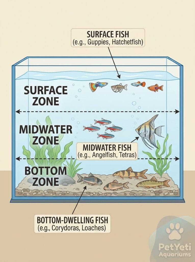 Aquarium swimming zones showing where bottom dwelling fish live