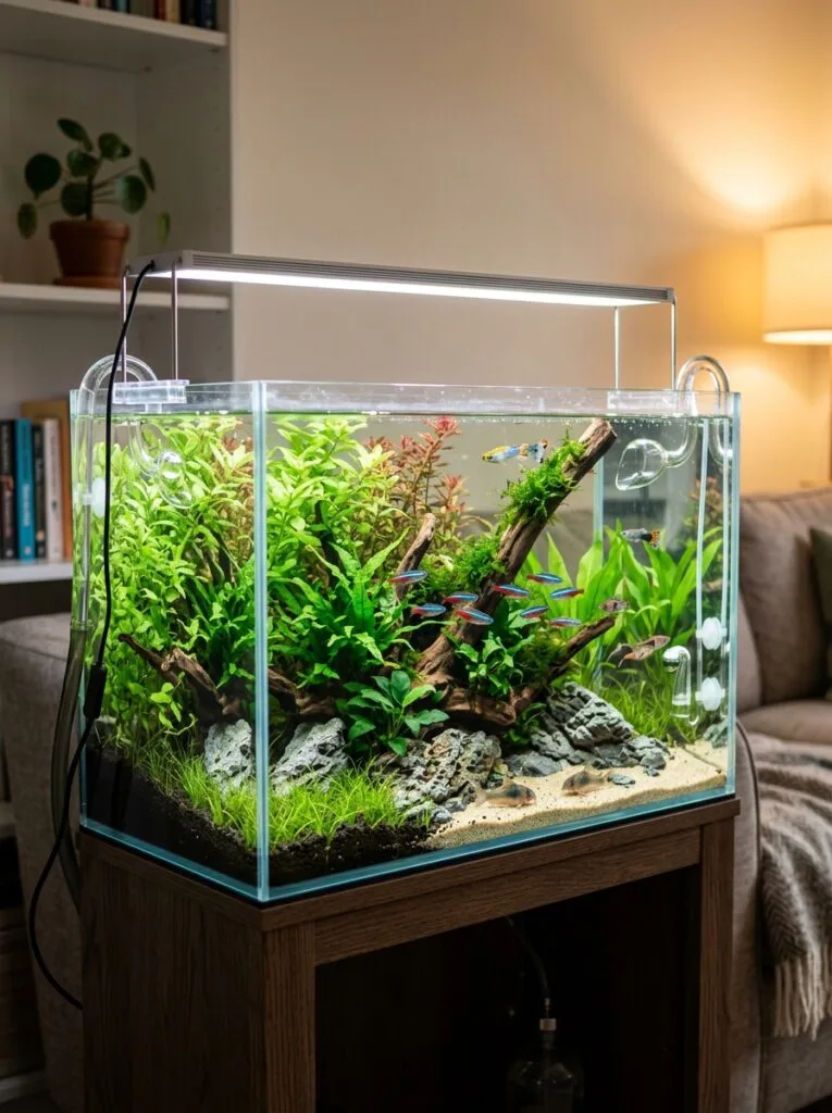 Easy aquarium plants growing in a beginner-friendly planted aquarium.