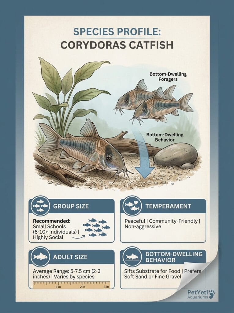 Group of Corydoras Catfish exploring aquarium substrate