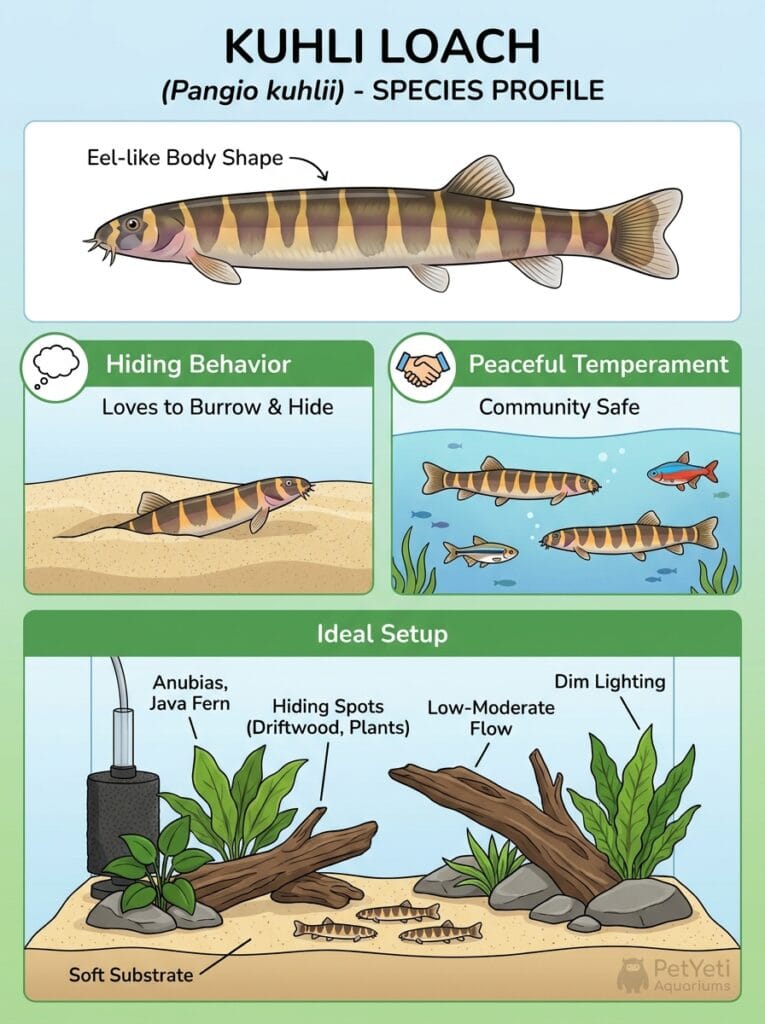 Kuhli Loach resting among aquarium plants and driftwood