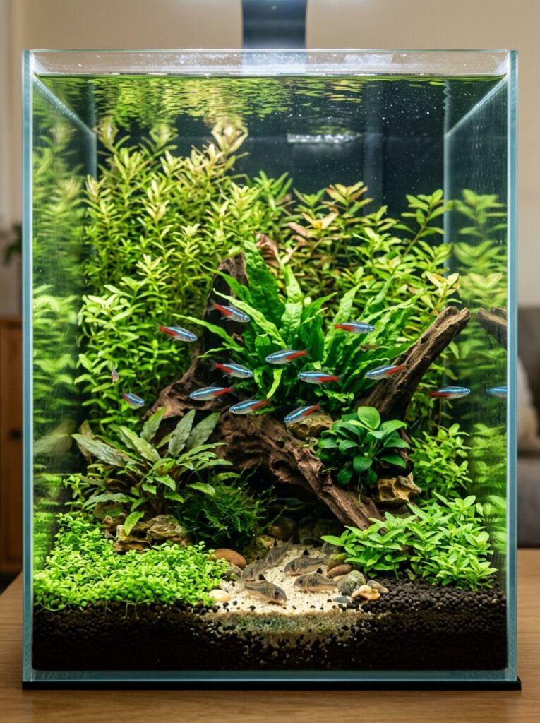 Easy-care live aquarium plants in a balanced planted tank