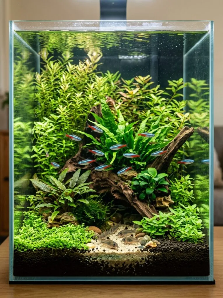 Easy-care live aquarium plants in a balanced planted tank