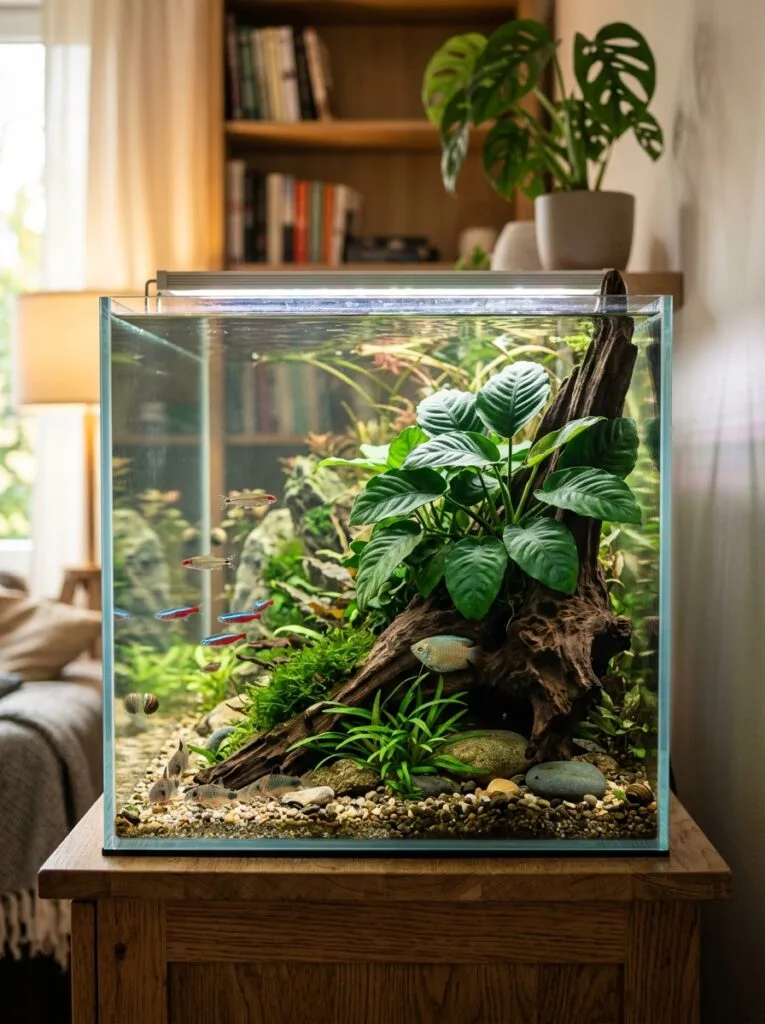 Anubias plant attached to driftwood with broad green leaves