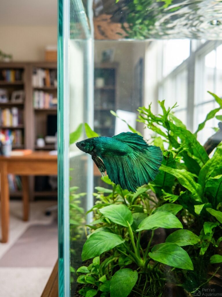 Betta fish relaxing among live plants in a peaceful aquarium environment.