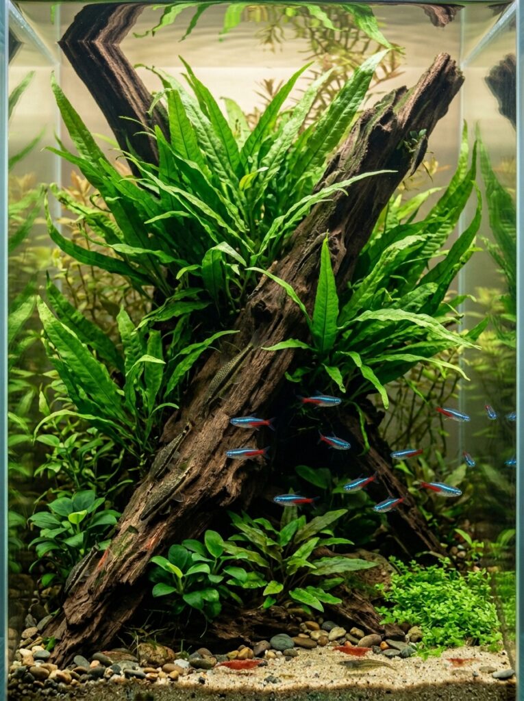 Java fern growing on natural driftwood in a planted aquarium