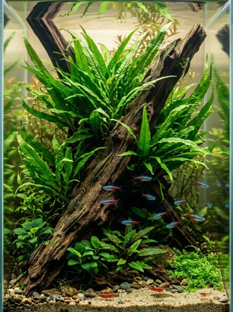 Java fern growing on natural driftwood in a planted aquarium