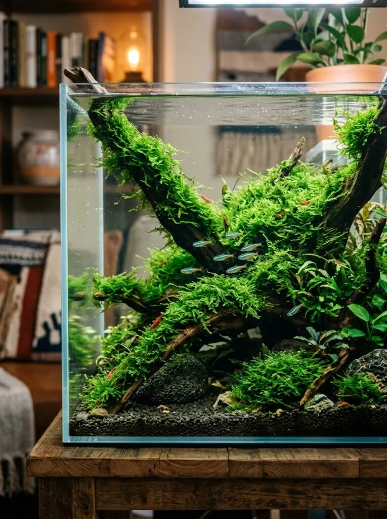 Dense Java moss covering driftwood in a freshwater aquarium