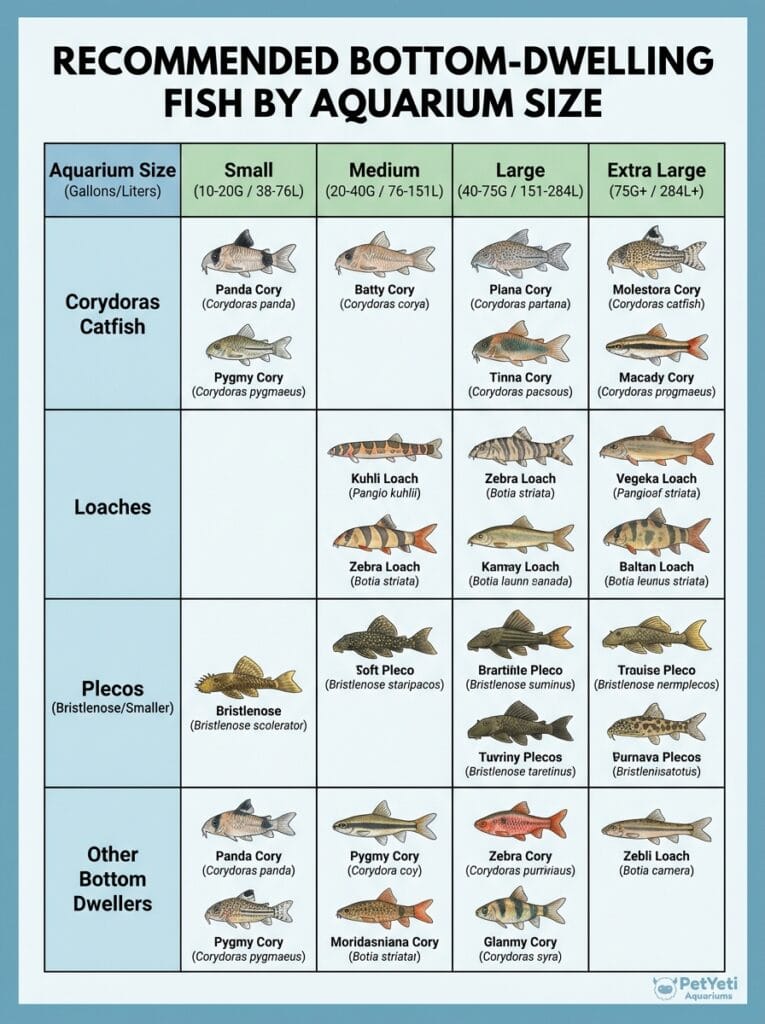 Recommended bottom dwelling fish for different aquarium sizes
