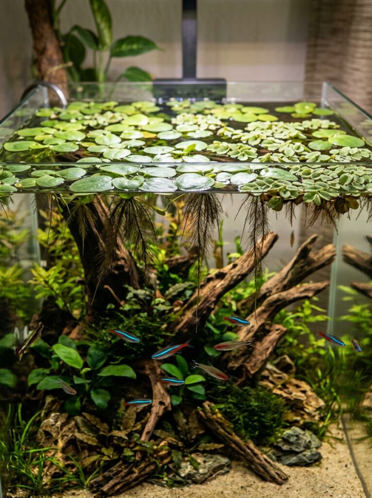 Amazon frogbit and salvinia floating on the aquarium surface