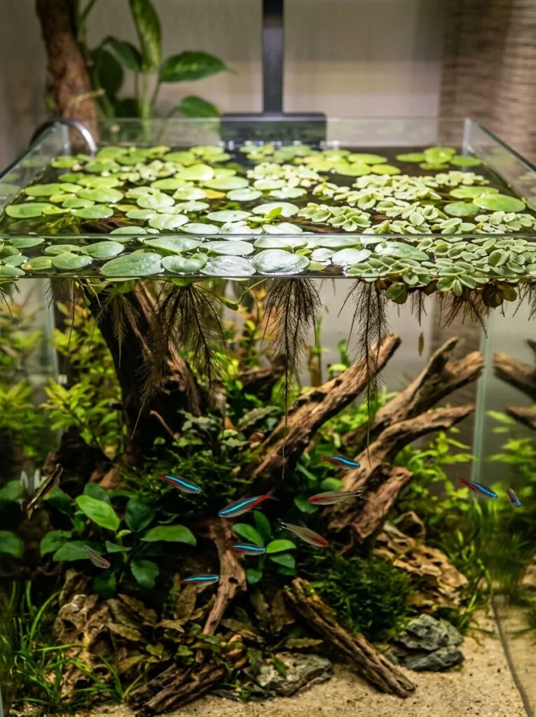 Amazon frogbit and salvinia floating on the aquarium surface