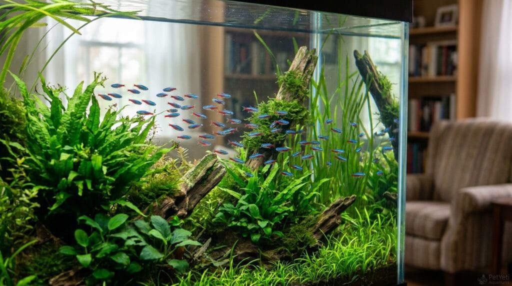 School of Neon Tetras swimming in a peaceful planted aquarium