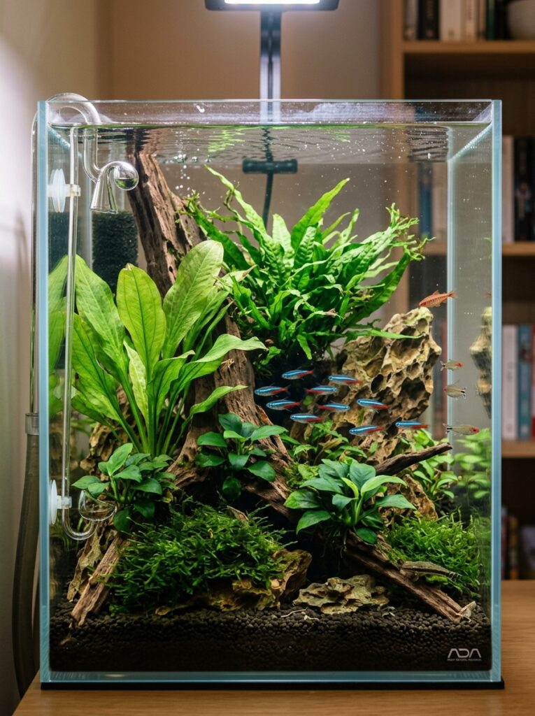 Healthy hardy aquarium plants growing together in a planted tank