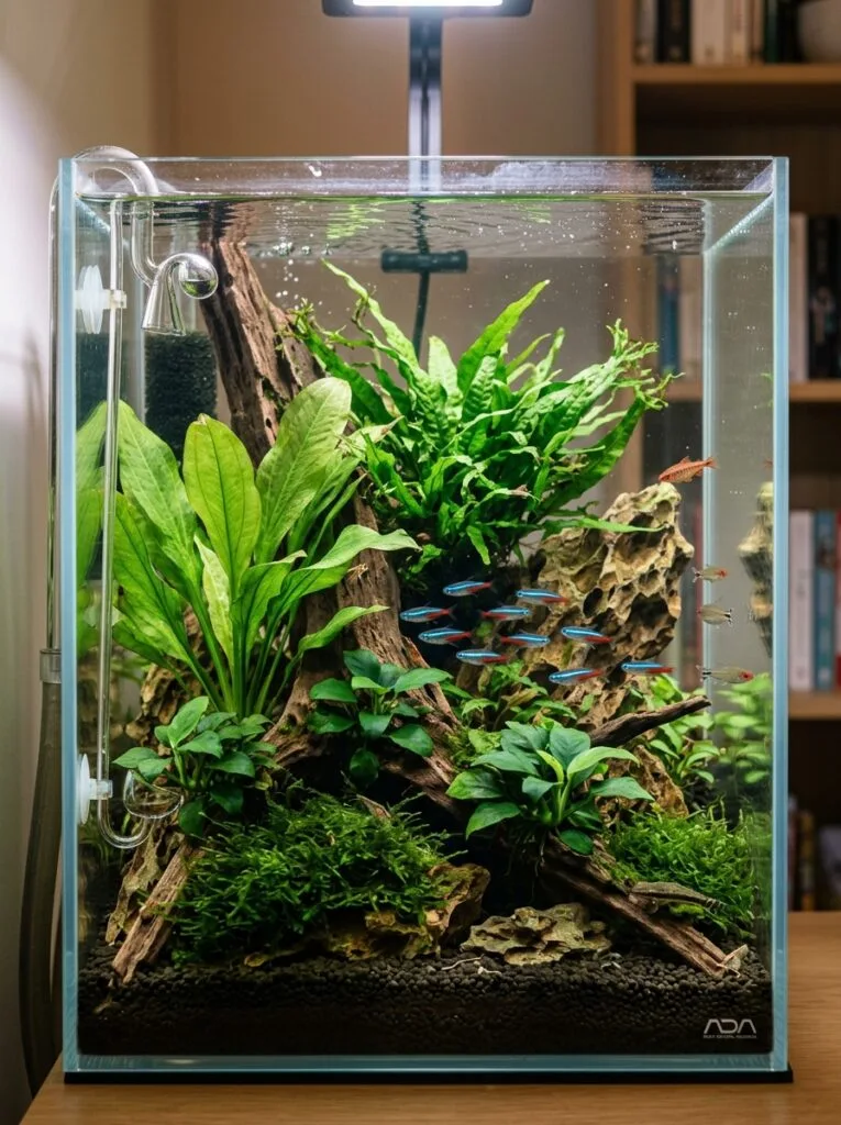 Healthy hardy aquarium plants growing together in a planted tank