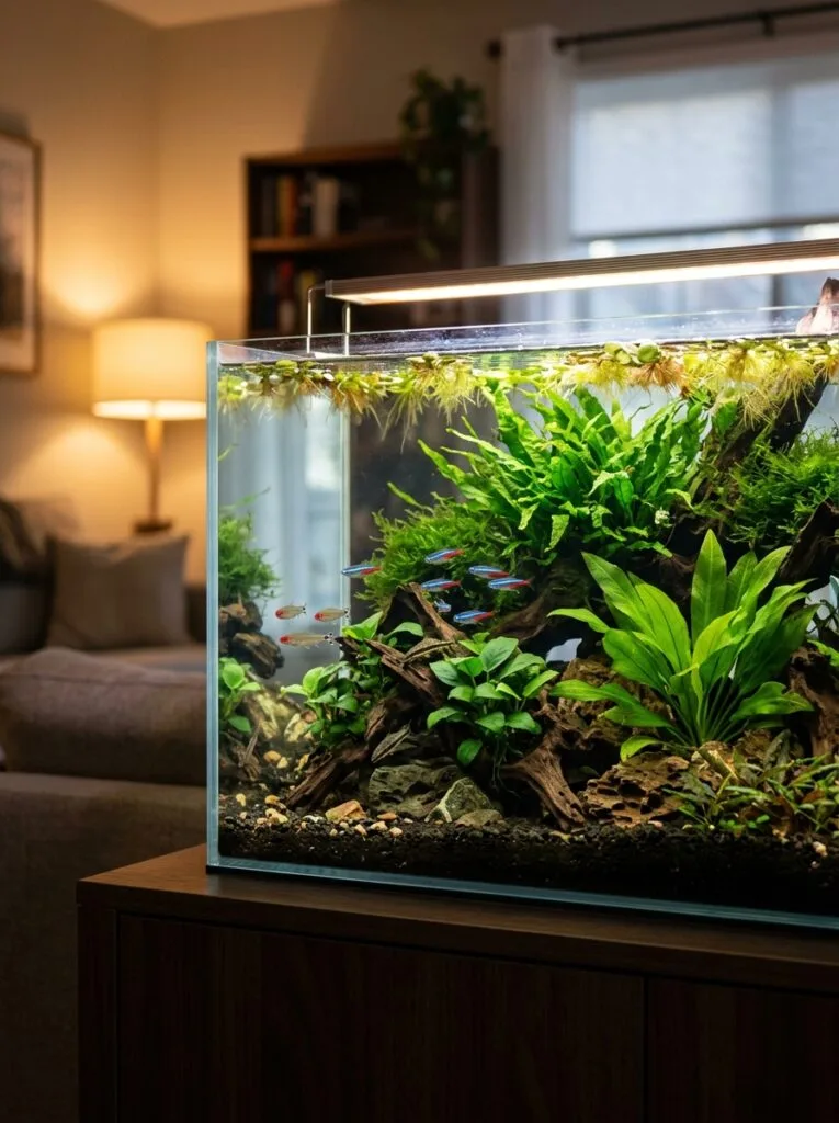 Beginner-friendly planted aquarium featuring multiple easy-care plants