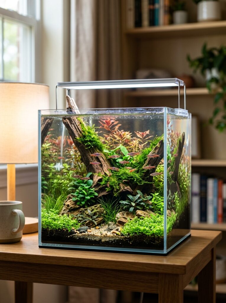 Beautiful nano aquarium with healthy live plants and nano fish