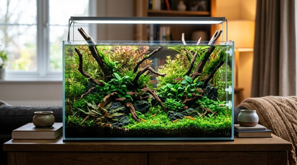 Beautiful nano aquarium with healthy live plants and nano fish