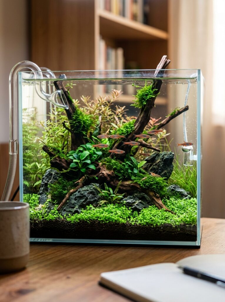 Well-scaled aquatic plants growing in a nano aquarium