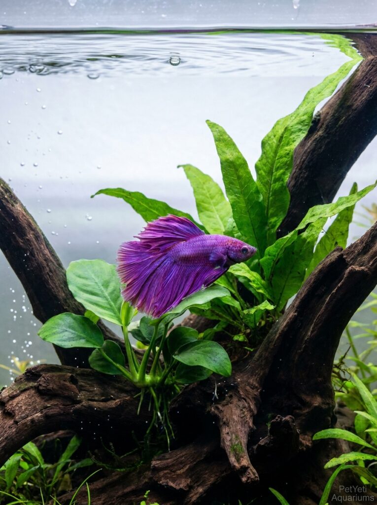 Healthy Betta fish resting in a crystal-clear planted aquarium.
