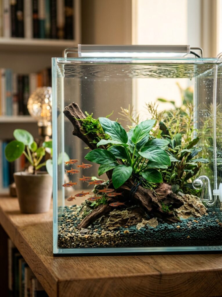 Anubias Nana attached to driftwood in a nano aquarium