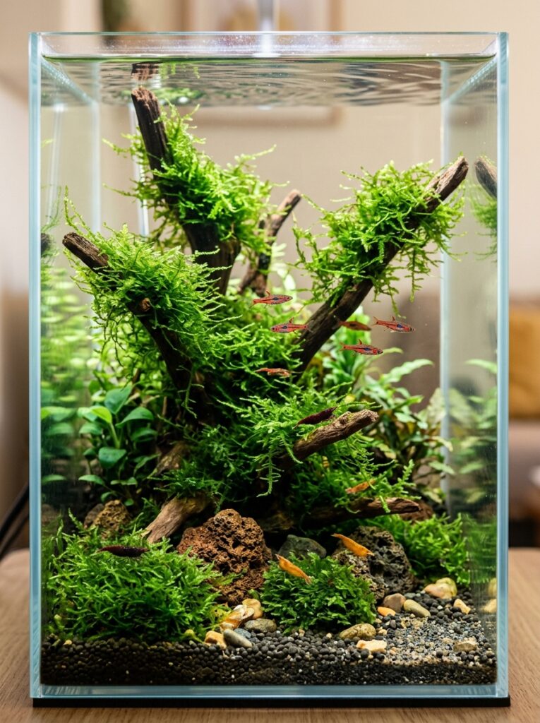 Dense Java moss growing on miniature driftwood