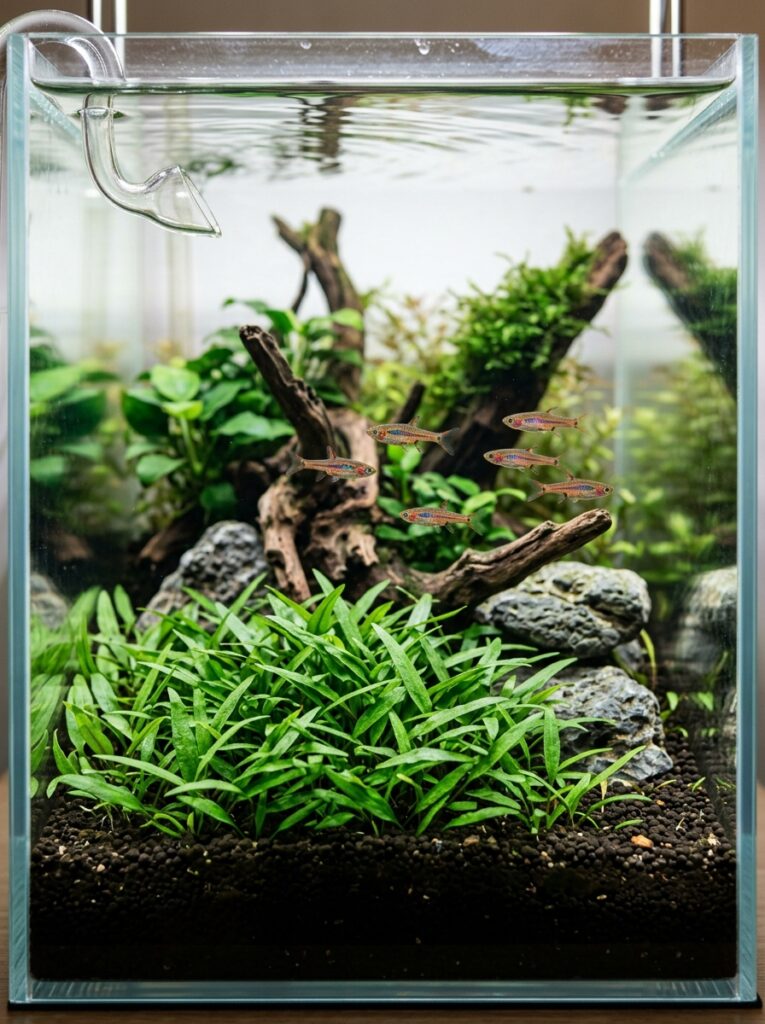 Cryptocoryne Parva forming a foreground carpet in a nano tank