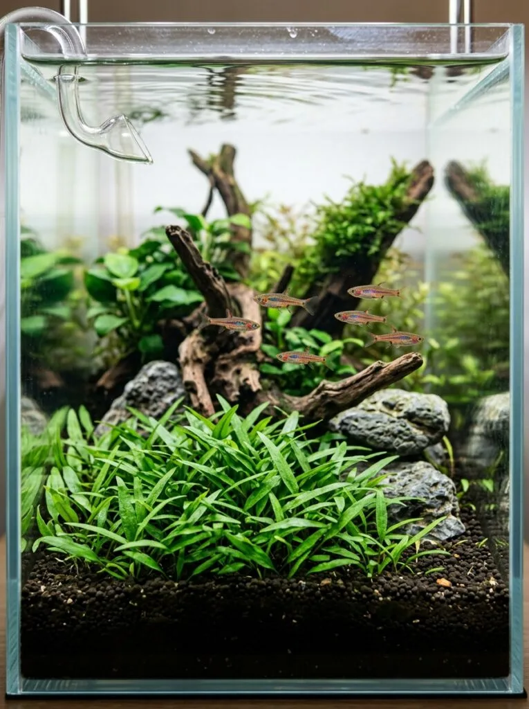 Cryptocoryne Parva forming a foreground carpet in a nano tank