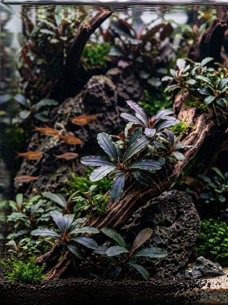 Bucephalandra attached to rocks in a nano aquarium